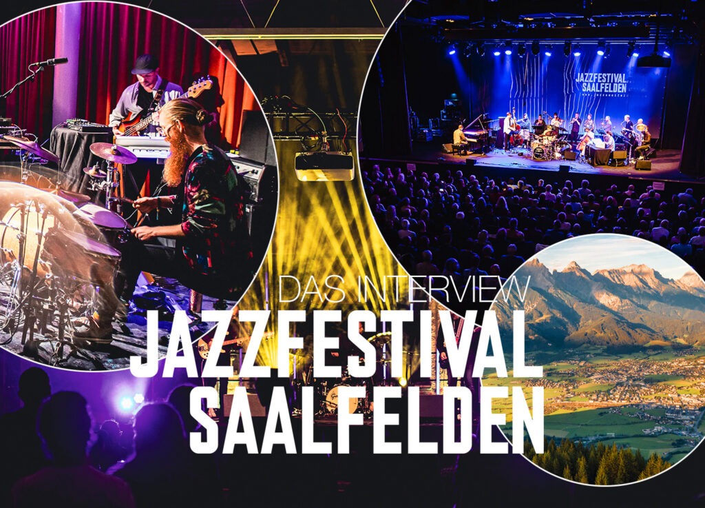 Plakat des Jazzfestivals 2025 in Saalfelden darauf ist das beleuchtete Schloss Triebenbach zu sehen und ein goldener Kranz mit 20 Jahre